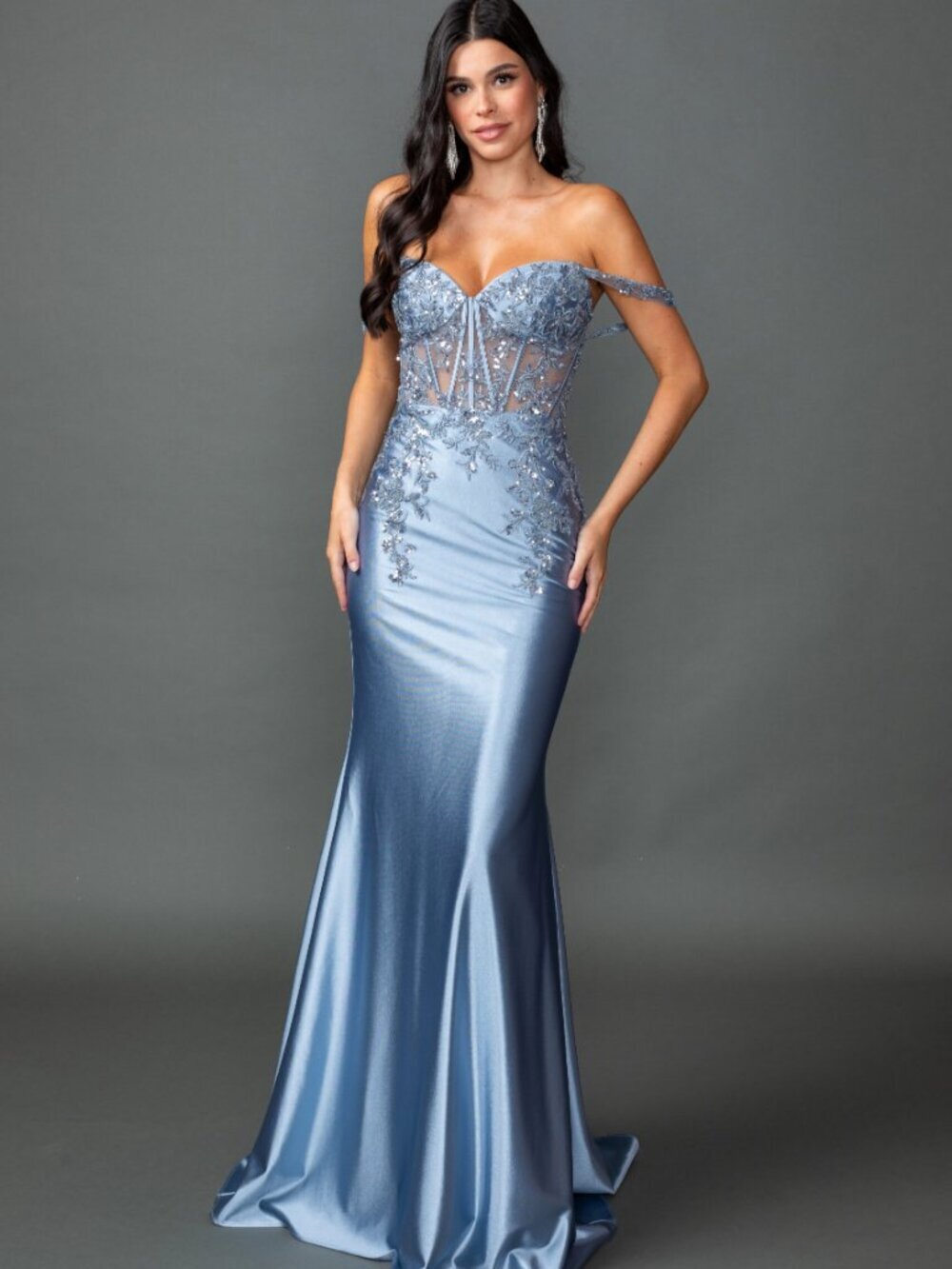 NEW DUSTY-BLUE Evening Gown Floor Length Formal Elegant Stunning 4540